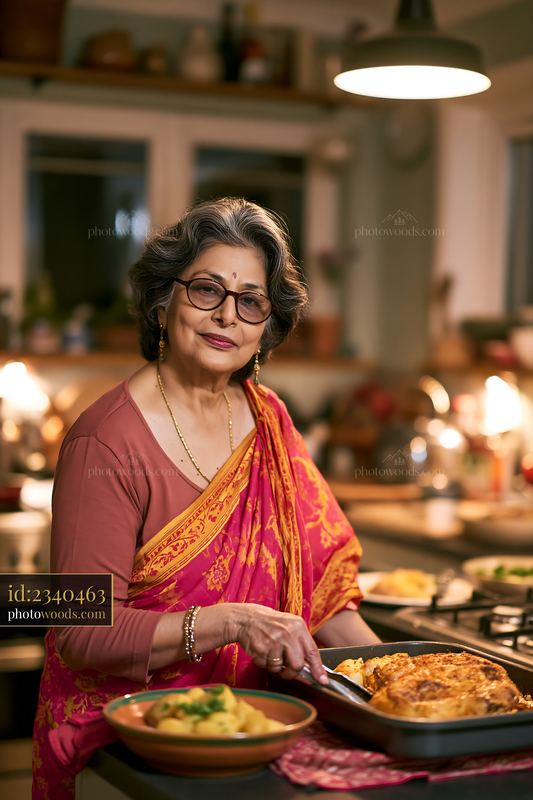 Woman serving a baked dish in a warmly lit kitchen