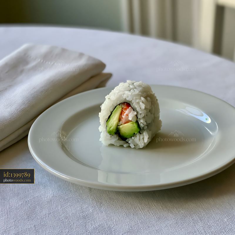 One California roll piece served on a white plate