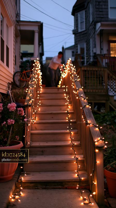 Person hanging string lights along a residential staircase