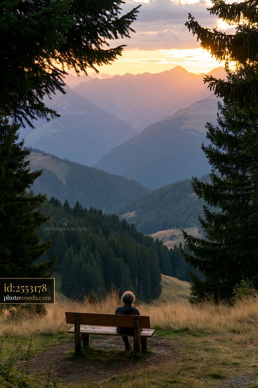 Person Sitting on Bench Overlooking Swiss Mountains at Sunset