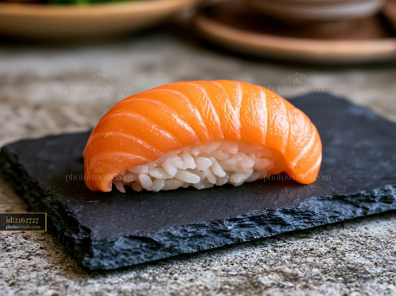 One salmon nigiri on a slate plate