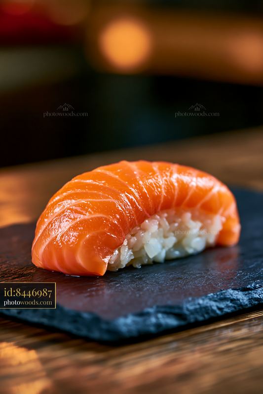 Salmon nigiri served on a slate plate