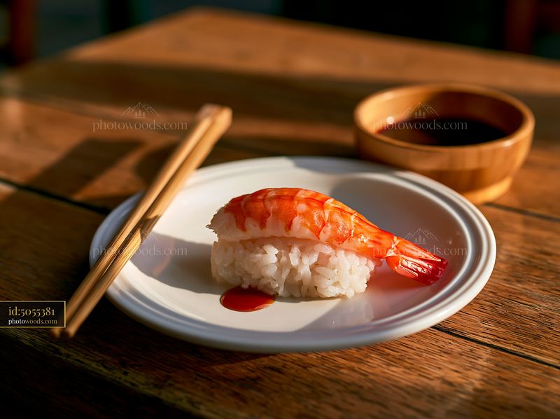 Shrimp sushi piece on white plate with chopsticks and soy sauce