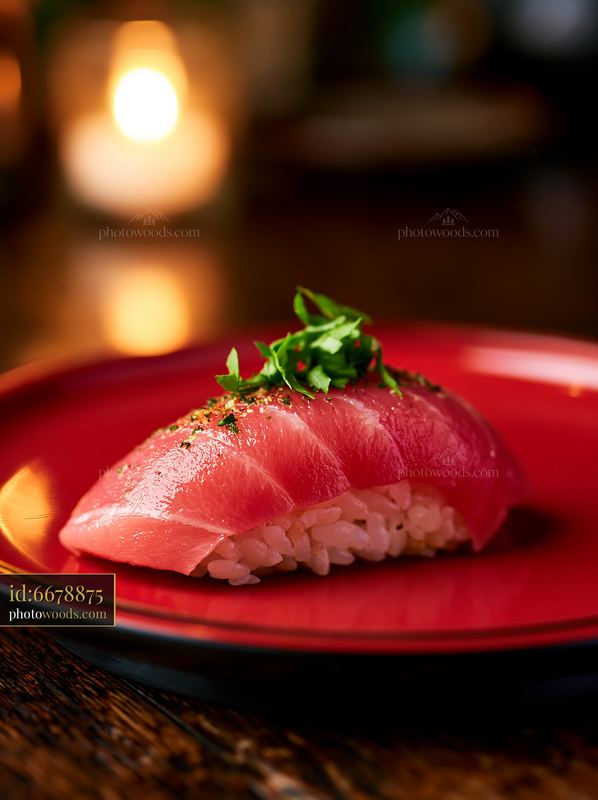 One sushi piece with fresh herb garnish on red plate