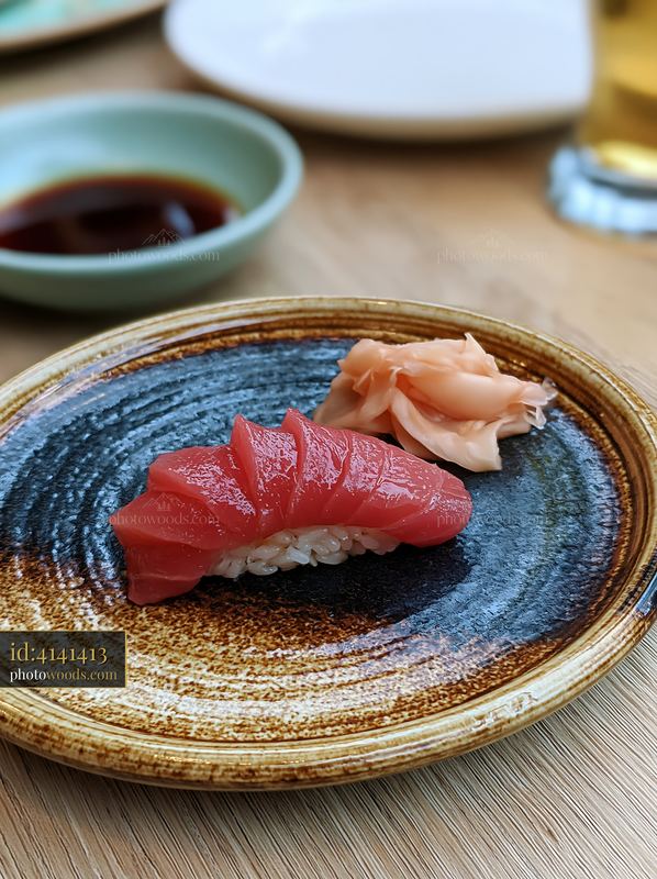Single sushi piece with pickled ginger and soy sauce on plate