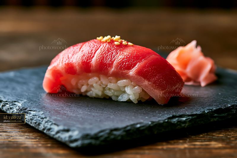Single sushi piece with pickled ginger on a black slate plate