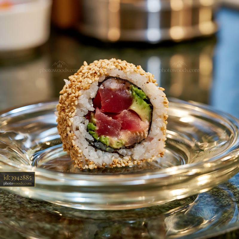 One tuna roll slice with sesame coating on a glass plate