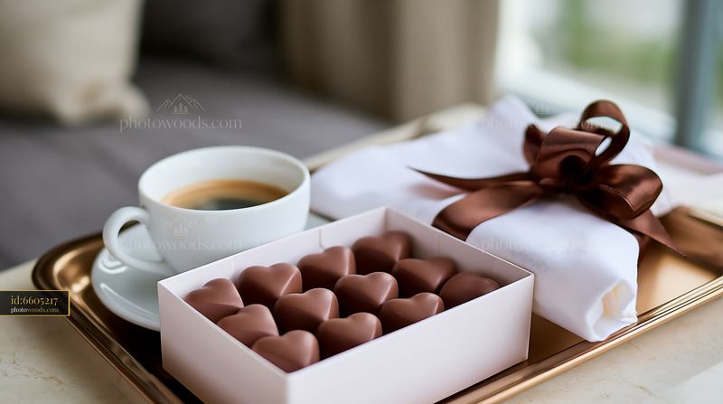 Heart-shaped chocolates in gift box with coffee and ribbon