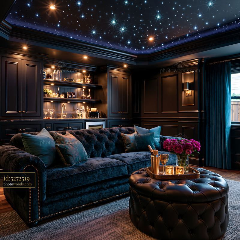 Opulent Home Theater With Starlight Ceiling and Plush Furnishings