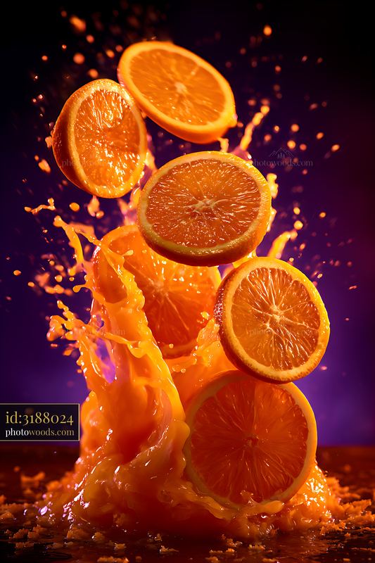 Orange Juice Splashing Upward With Floating Fruit Slices