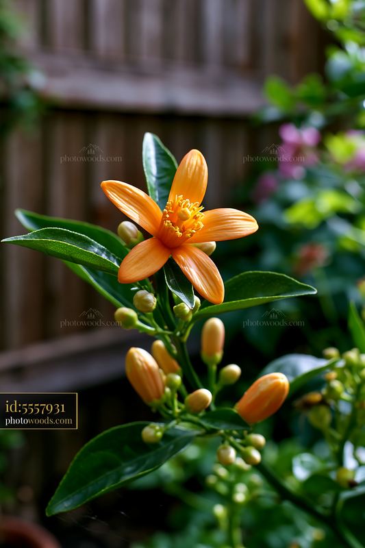 Close view of orange tree flowers in a garden