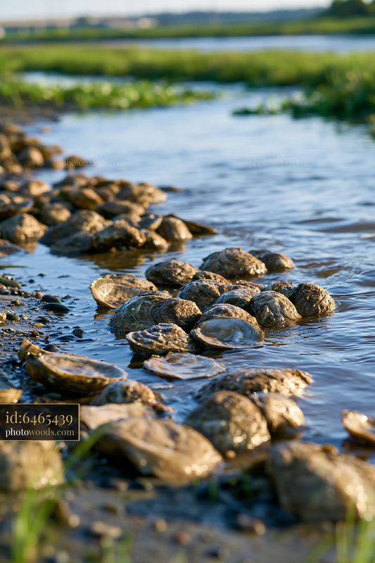 Coastline with oyster beds at low tide with water flowing