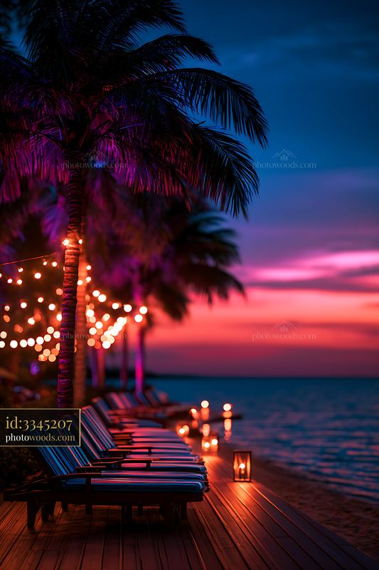 Palm Lined Sundeck With Striped Loungers at Sunset
