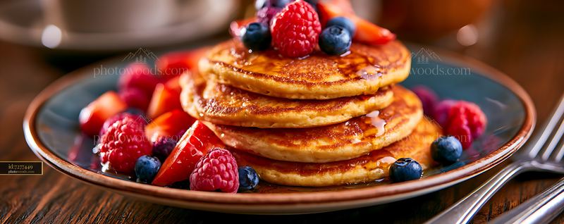 Pancakes With Berries and Syrup on Plate