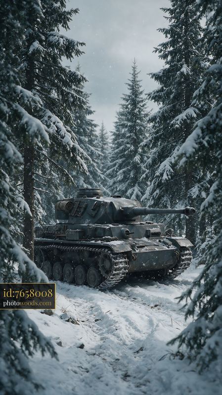 Panzer tank in snowy evergreen forest