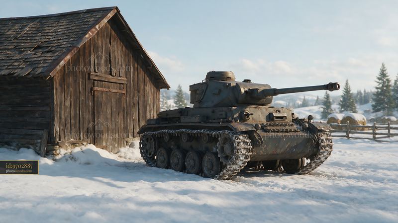 Panzer tank in snowy rural winter landscape
