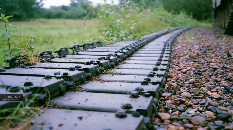Panzer tank tracks close-up on a gravel path in a green setting