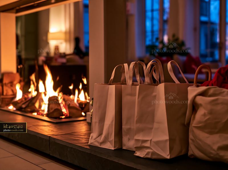 Holiday shopping bags beside a glowing fireplace