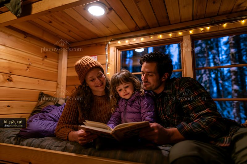 Family reading a Christmas story together in a cozy cabin