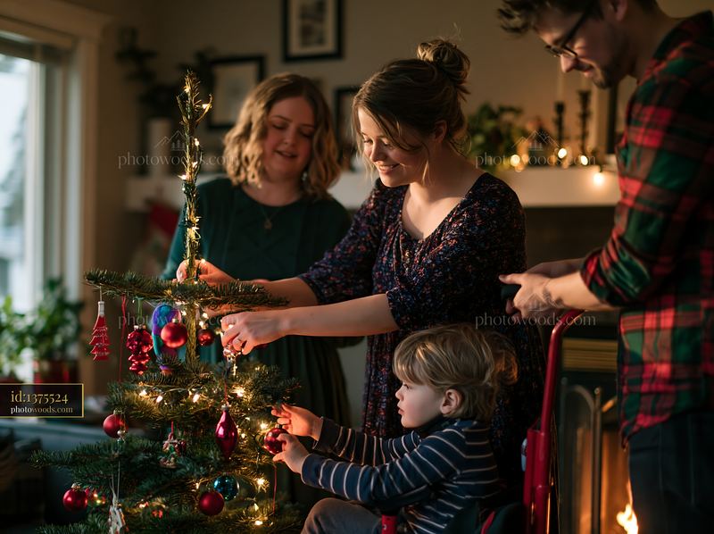 Family decorating a Christmas tree together at home