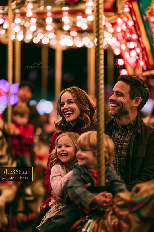 Parents and children laughing together on a carousel