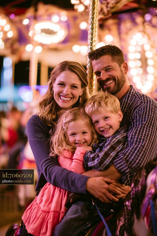 Parents and children enjoy laughter together on a carousel