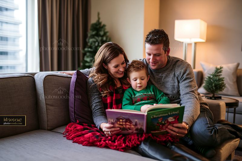 Family reading a Christmas story together at home