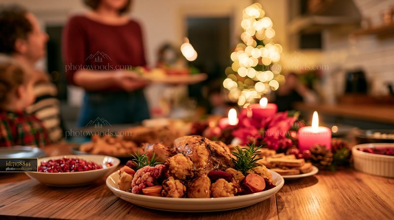Parents serving Christmas dinner with family around a festive table