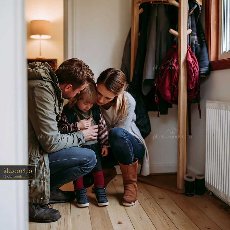 Parents comforting child in a home entryway