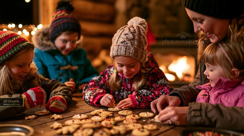 Family decorating cookies together by a warm fireplace