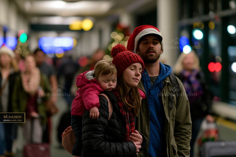 Parents carrying sleeping child in busy airport during Christmas Eve