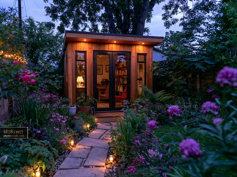 Empty garden studio with pathway illumination at dusk