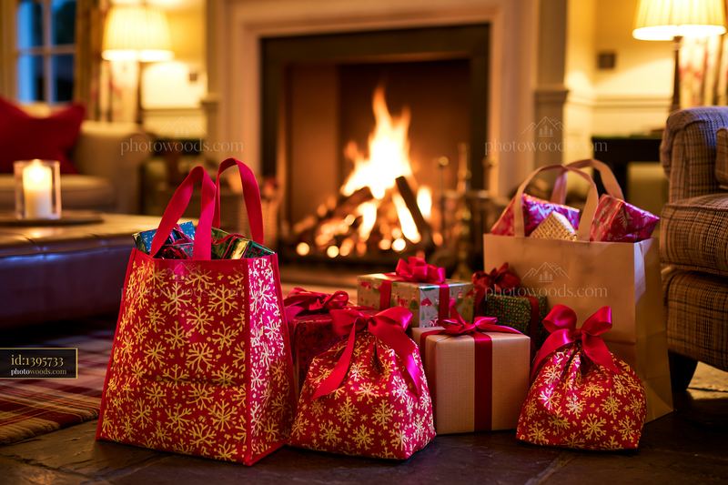 Holiday Shopping Bags and Gifts Beside a Fireplace