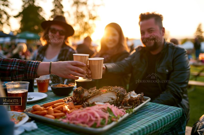 Gathering around a pig roast at food festival during sunset