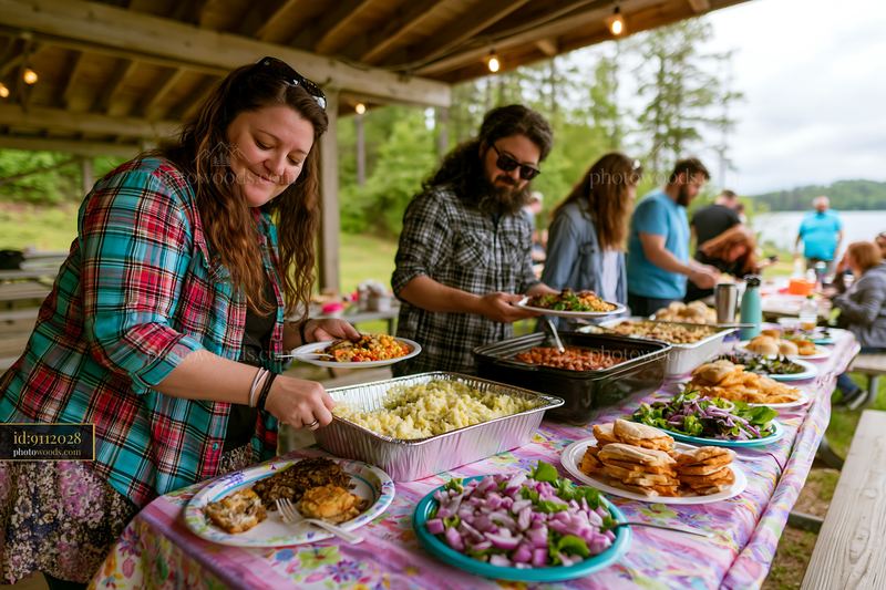 Gathering at a picnic with food and drinks on a wooden table