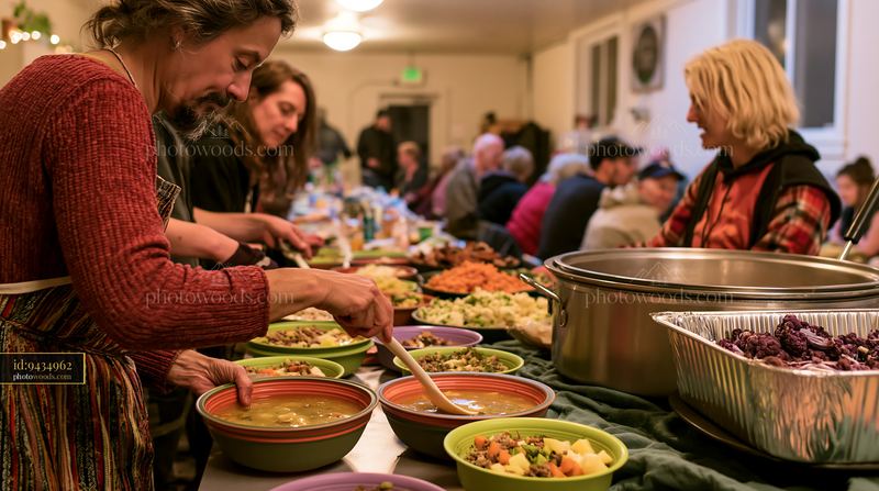 Zero waste buffet table with diverse dishes and guests serving food