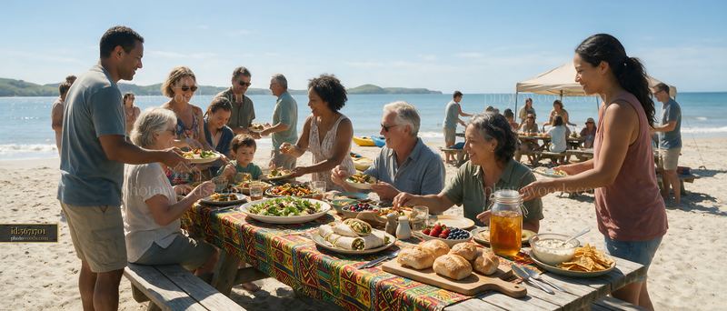 Beach picnic buffet by the ocean with family and friends