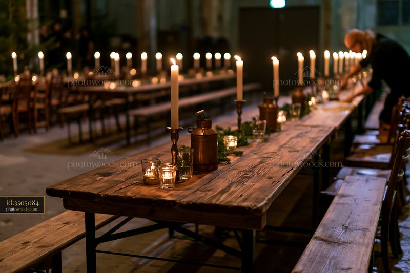 Candlelit Christmas party cleanup after celebration