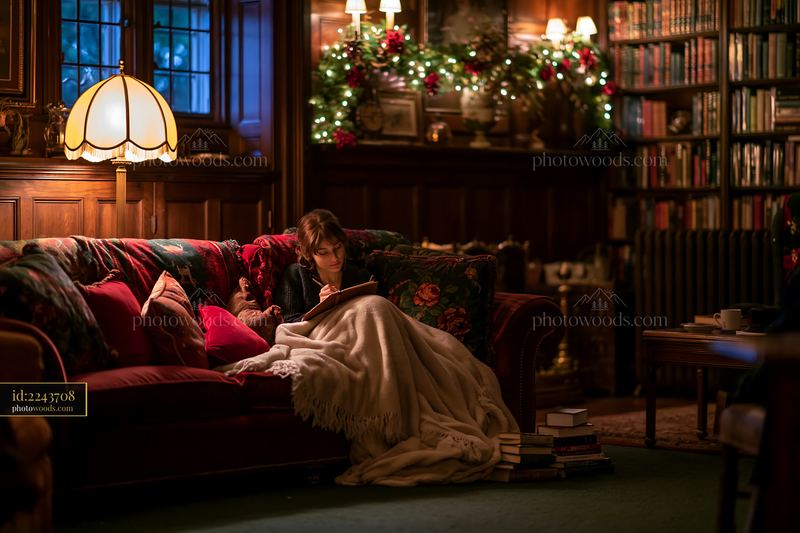 Person reading on a festive sofa in a warmly lit library