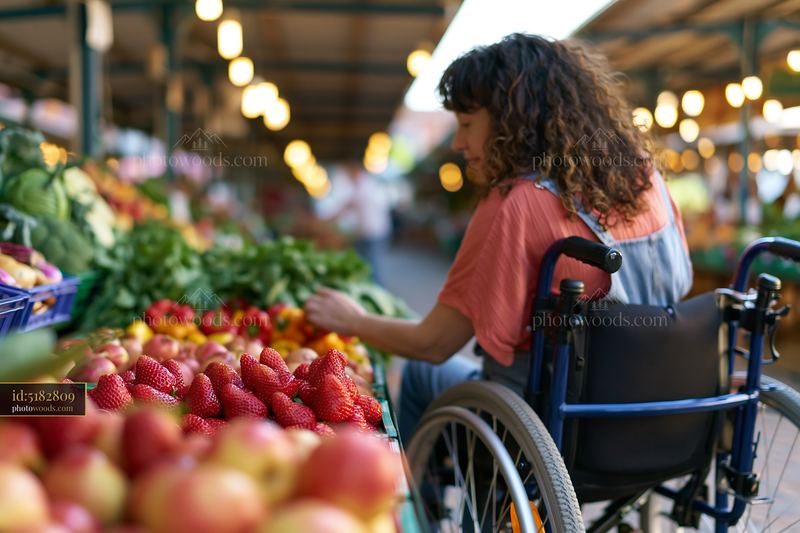 Person using a wheelchair shopping at a fresh produce market