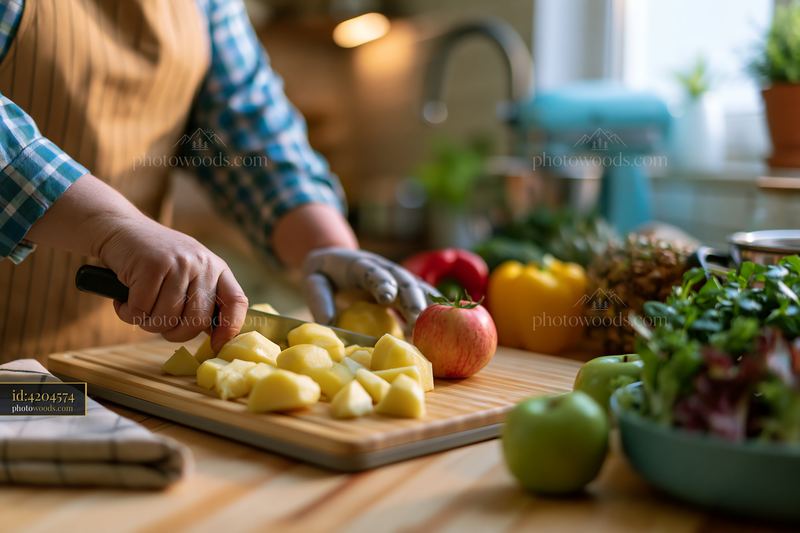 Person using adaptive kitchen tools to cut potatoes