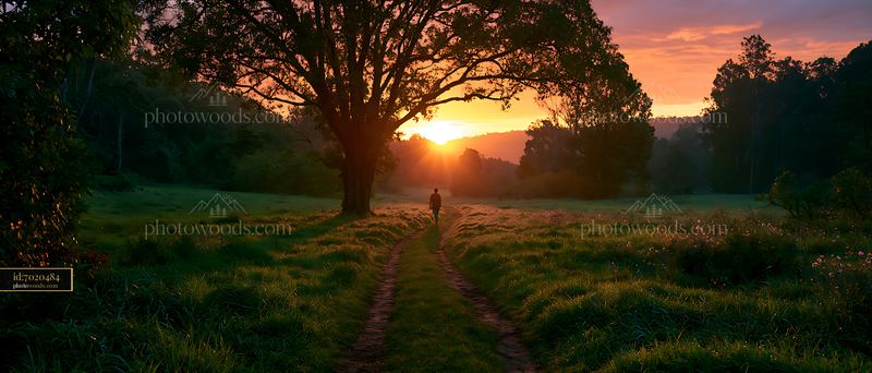 Person Walking Along a Path at Sunset Near a Large Tree