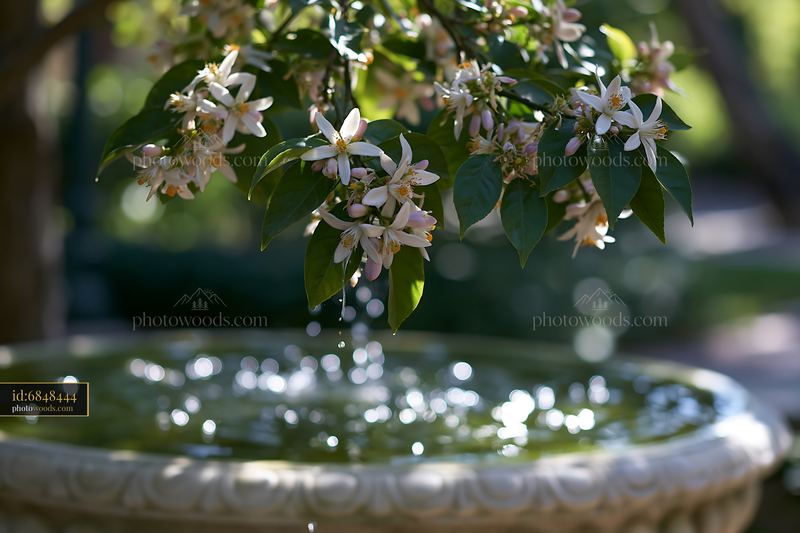 Phlox flowers in cottage garden surrounding a stone fountain