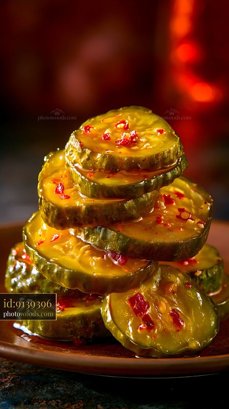 Pickles Stacked on a Plate With Chili Peppers, Bright Red Details