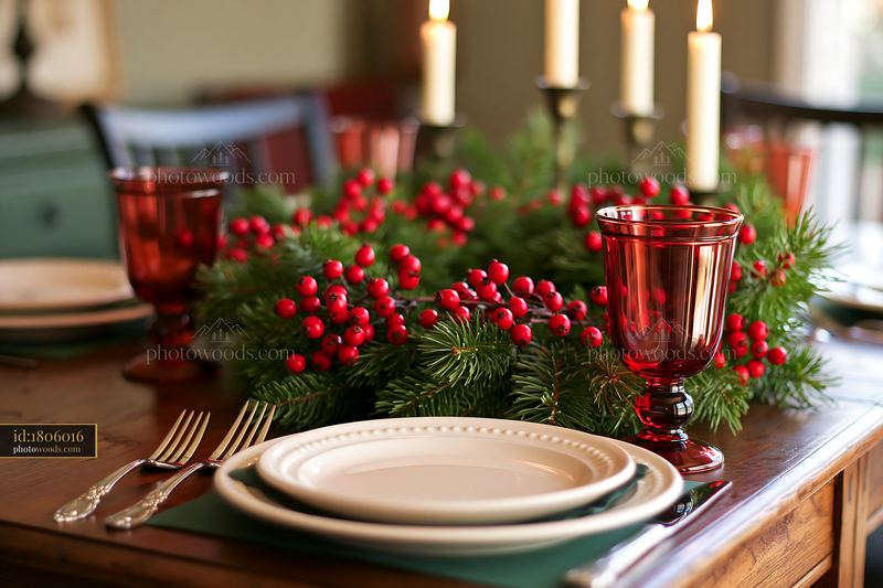 Pine Wreath and Red Berries on a Festive Dining Table