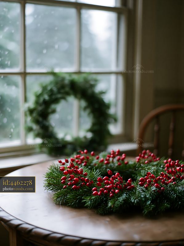 Pine wreath with red berries on a wooden table