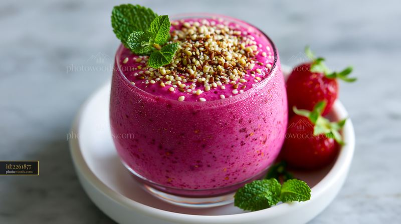 Pink Berry Smoothie Topped With Seeds and Mint
