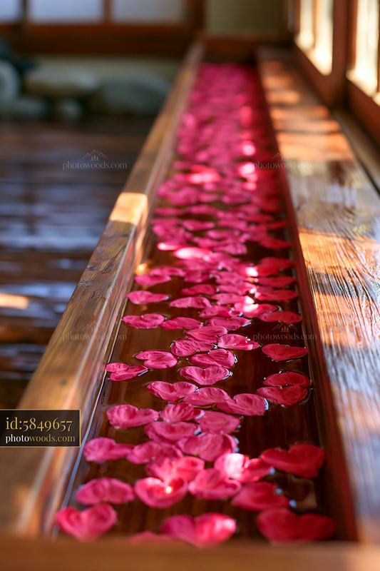 Pink flower petals floating in a wooden water channel