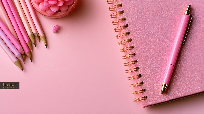 Pink Stationery Flat Lay With Pens, Pencils, and a Notebook