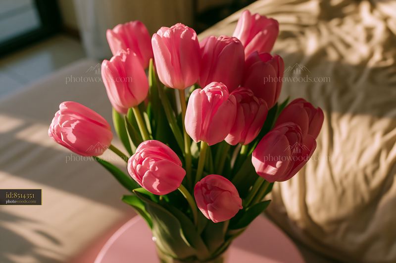 Pink tulip bouquet on a bedside table in warm sunlight
